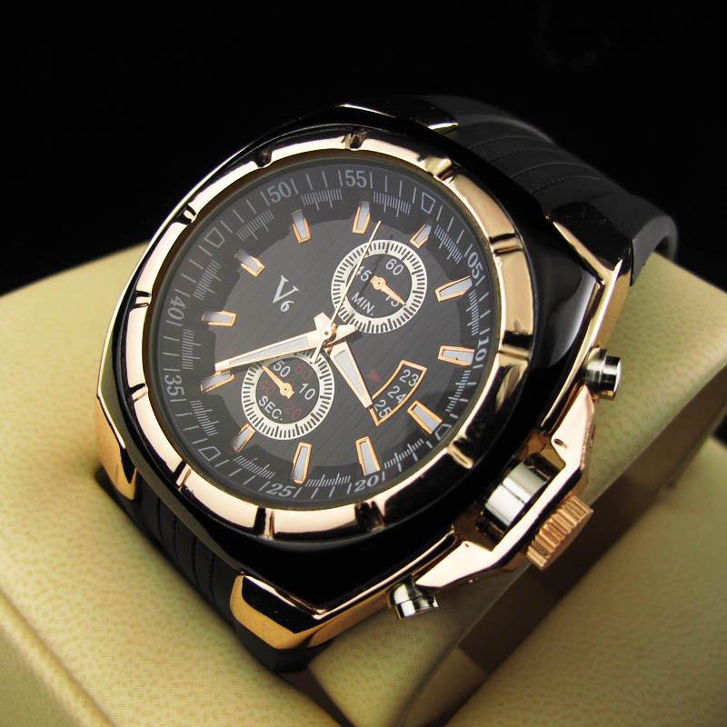 

Wristwatches 2021 V6 Brand Men Wristwatch PU Strap Big Dial Watch Two Eyes Date Display Sport Casual Men's Clock Gift Erkek Saat