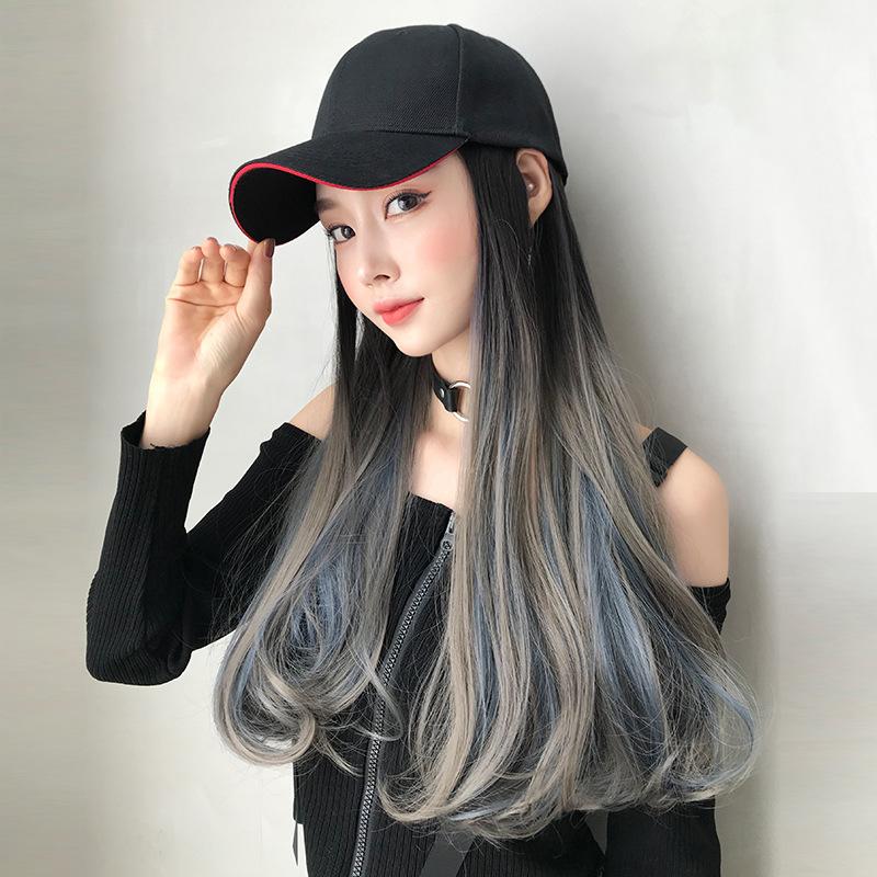 

Beanie/Skull Caps Baseball Hat Wig One-piece Gradient Highlighting Long Curly Hair Cap Micro-Volume Fashion, Aoki gray pick haze