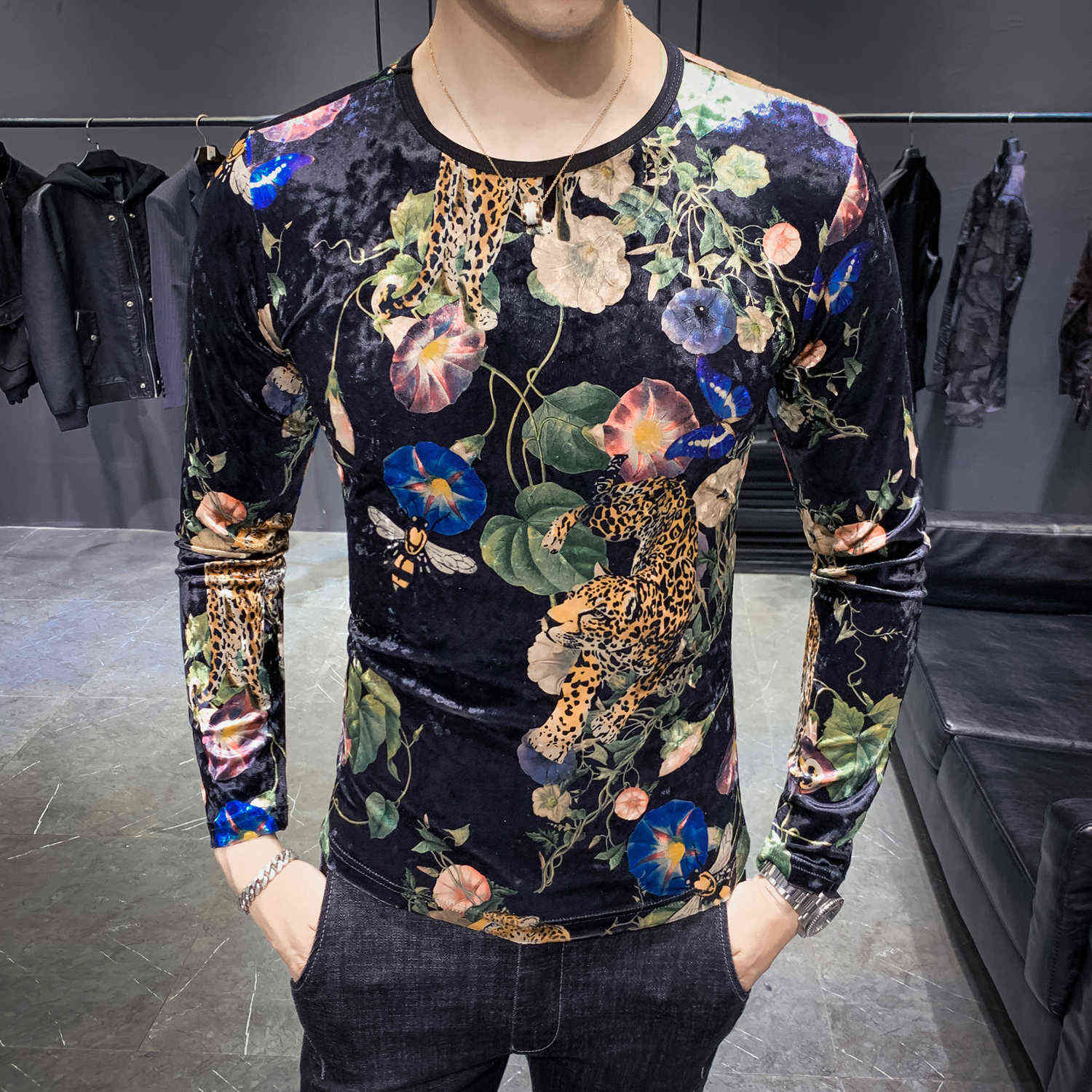 

Casual Long Sleeve T Shirt Luxury Corduroy Flower Print Round Neck Vintage Tshirts Men Tops Tees Streetwear Slim Fit Tshirt 210527, Picture color