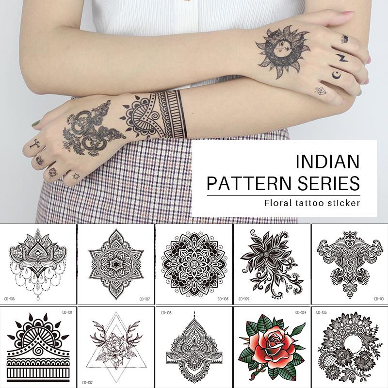 

Temporary Tattoos Fake Henna Tattoo Arabic Mehndi Stickers For Hand Rose Black Mandala Waterproof Lace