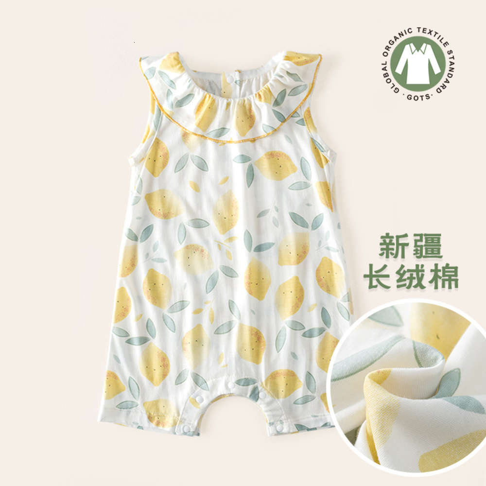 

Summer baby's cotton khayi bamboo printed sleeveless lotus leaf one-piece clothes children's wear, White