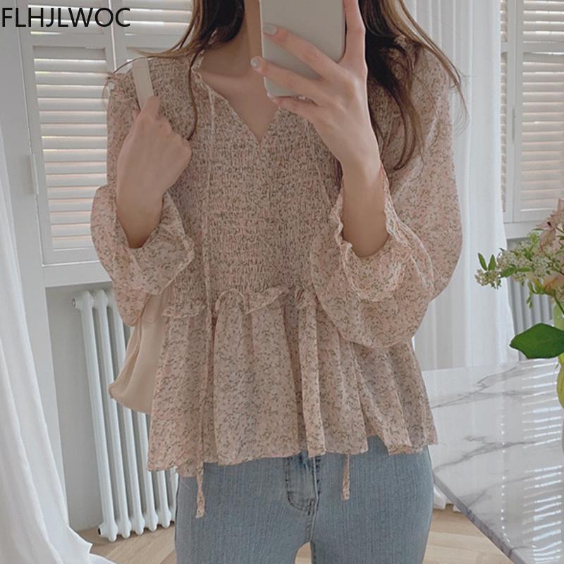 

Women's Blouses & Shirts Chic Korea Cute Doll Shirt Design Women Sweet Japan Girls Floral Print Vintage Retro Peplum Ruffled Tops Blouse 202, White