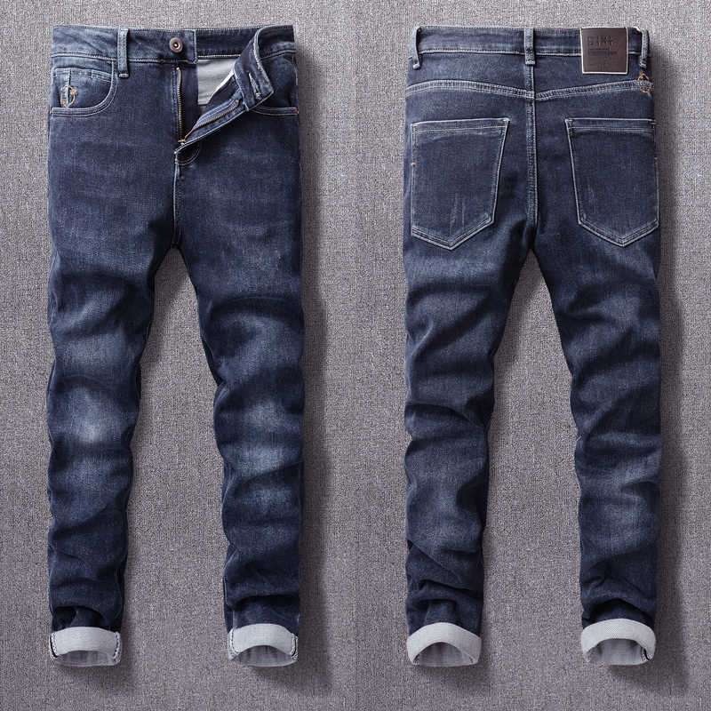 

Ly Fashion Men Jeans High Quality Retro Dark Blue Elastic Slim Fit Designer Korean Style Vintage Casual Denim Pants