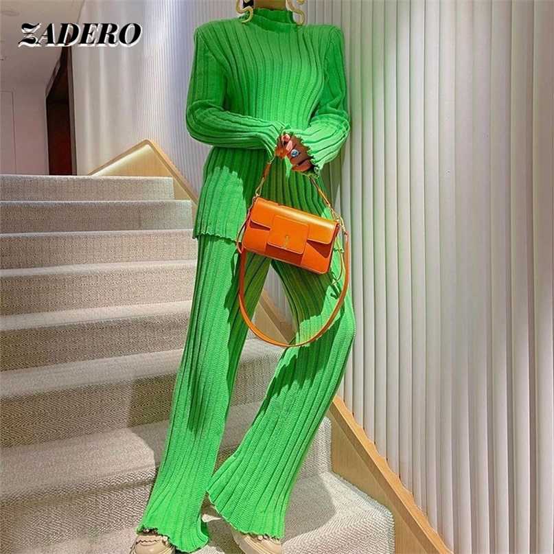 Knitted Suit Women Autumn Winter Long Sleeve Turtleneck Sweater Pant Two Piece Set Casual Fashion trouser suits Green Khaki 211105Z