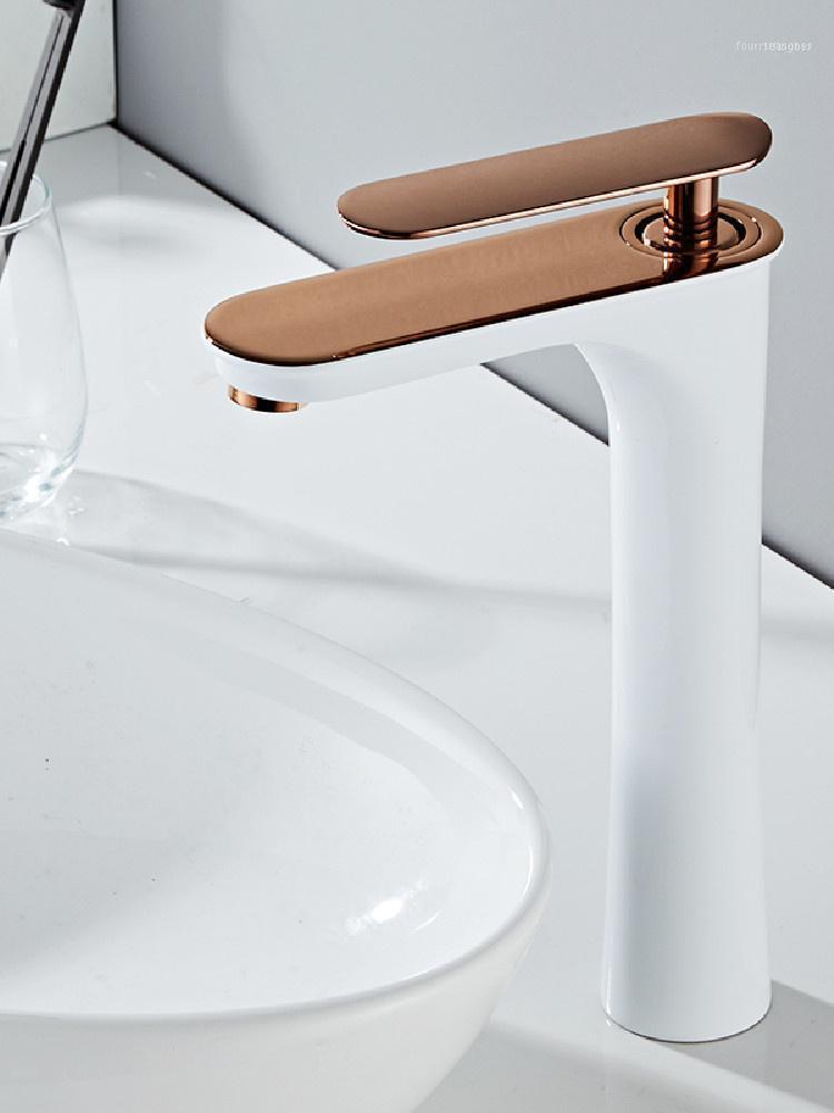 

Rose Gold/White Bathroom Basin Faucets Solid Brass Sink Mixer & Cold Single Handle Deck Mounted Lavatory Taps Arrival1