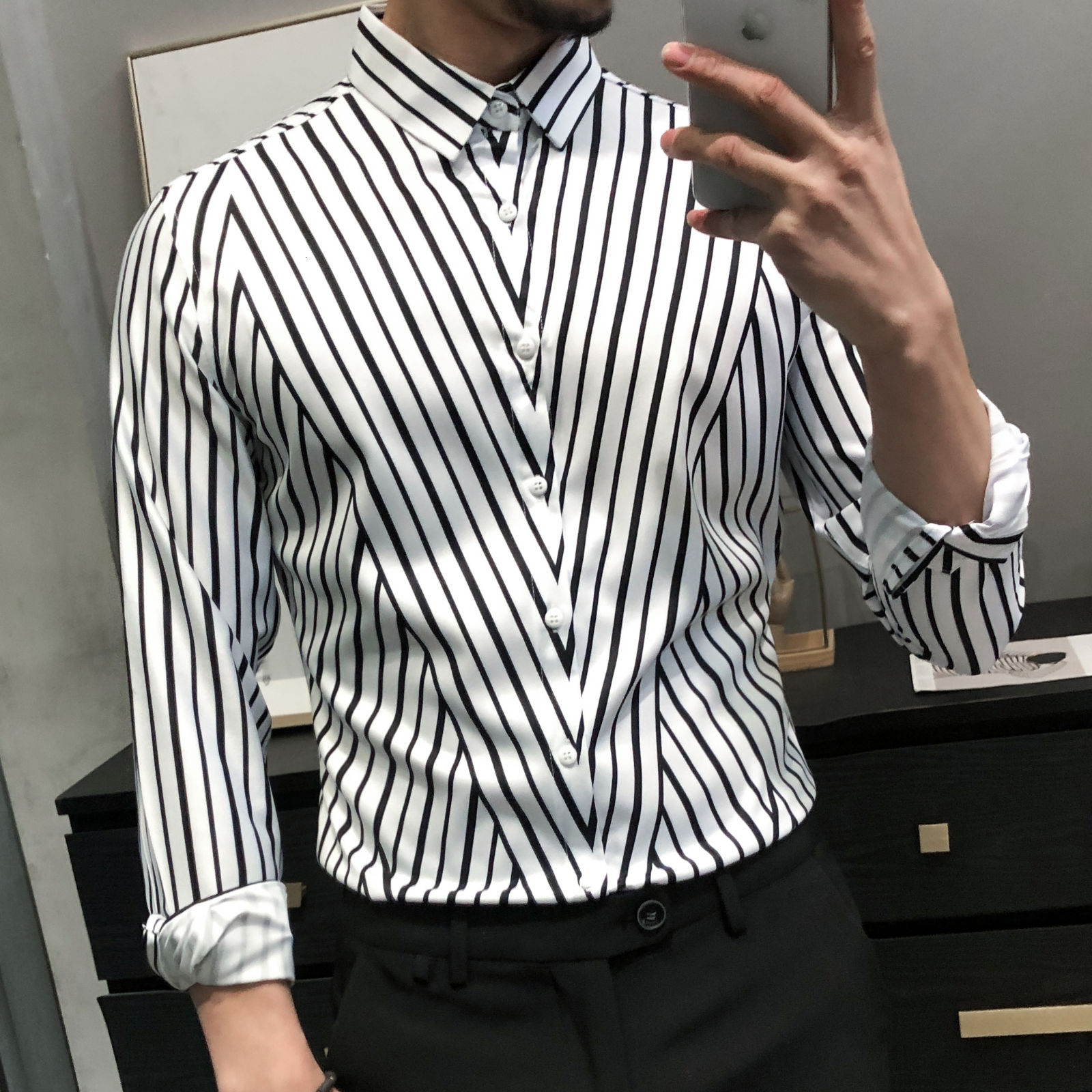 

New Striped Mens 2021 High Quality Casual Slim Fit Shirts Camisa Social Masculina Long Sleeve Streetwear Business Shirt Men G61u, Black