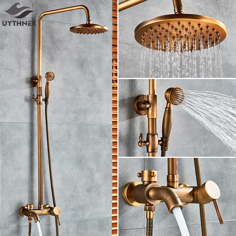 

Antique Brass Bathroom Shower Set Faucet Bath Shower Mixer Tap 8" Rainfall head Bath Shower Set Bathtub Faucet Wall Mounted T200612