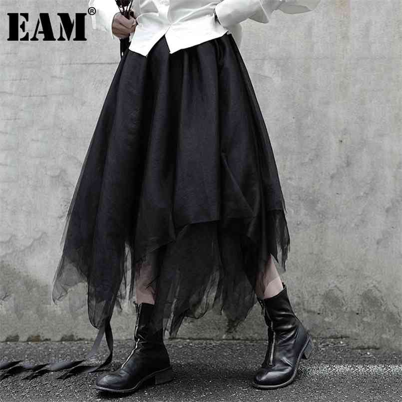 

[EAM] High Waist Black Mesh Irregular Spit Joint Temperament Half-body Skirt Women Fashion Spring Autumn 1DB167 210708