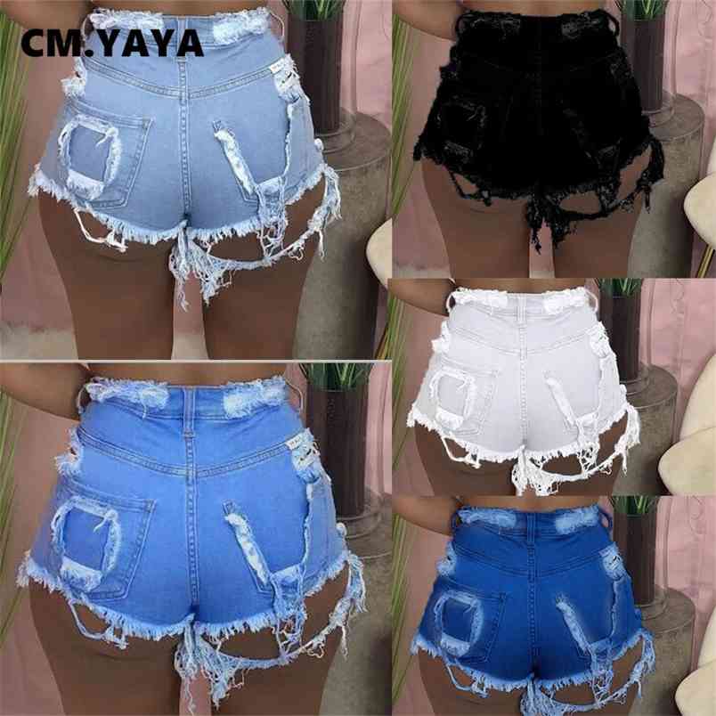 

CM.YAYA Women Summer Shorts Jeans Casual Zipper Fly Pockets High Street Wear Denim Fashion Holes Pants 210708, Blue