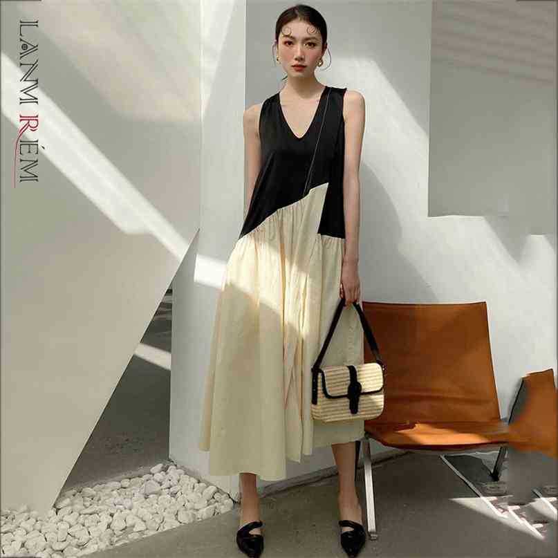 

Women Patchwork Split Dress V-Neck Short Sleeve Loose Fit Female Fashion Spring Summer Arrivals 2E1990 210526, Color panel