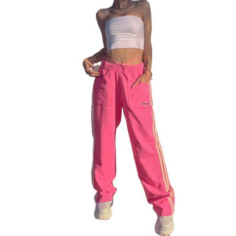 

Women's mid waist pants, striped street clothes with pockets, hip hop style, 1990s clothing, Y2K pants for women 210602, Pink