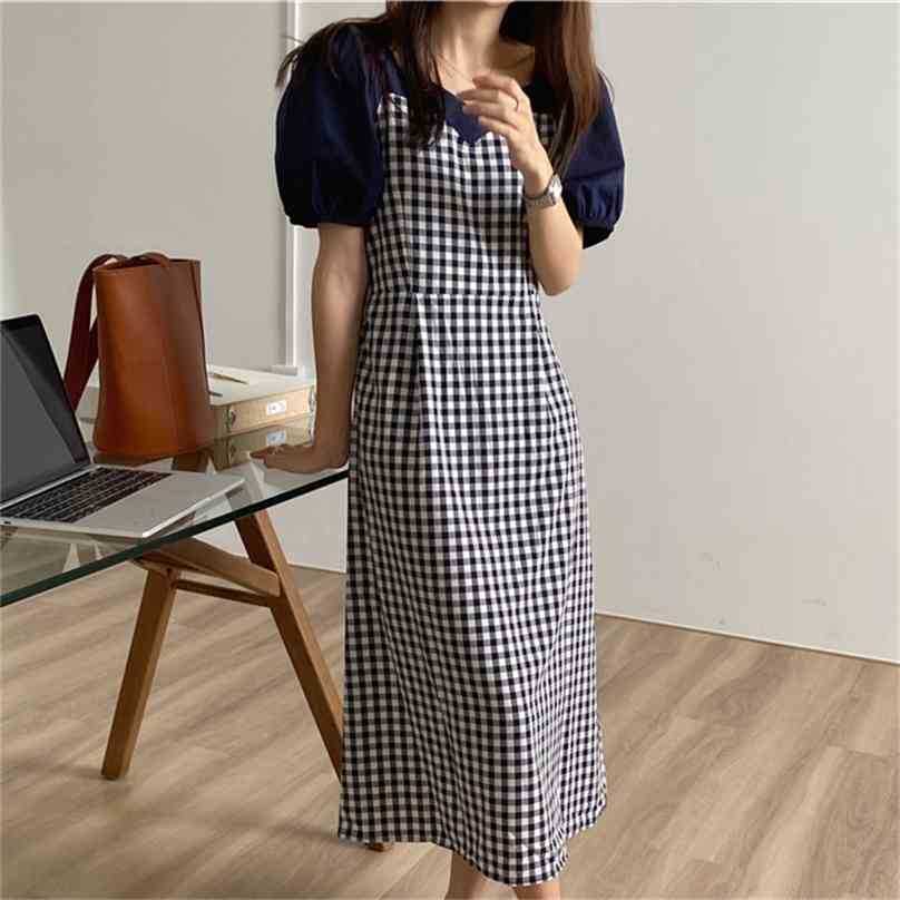 

Korean Blue Lady Summer Plaid Outwear Gentle Long Dresses Party Prom French Vintage All Match Chic Vestidos 210525, Photo color