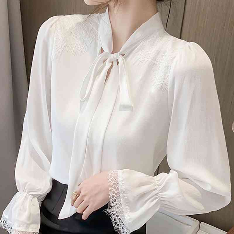

Long Sleeve White Blouse Lace Chiffon Shirt Tops Women Blusas Mujer De Moda Bow V-Neck Blusa E353 210602
