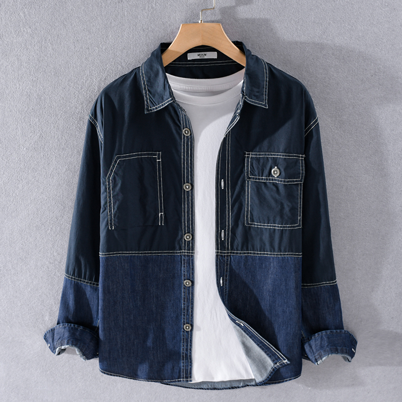 

2021 New 100% Algodo Denim De Manga Comprida Outono Primavera Camisas Para Homem Casual Retalhos Tendncia Camisa Masculina Chemise N6by, Green