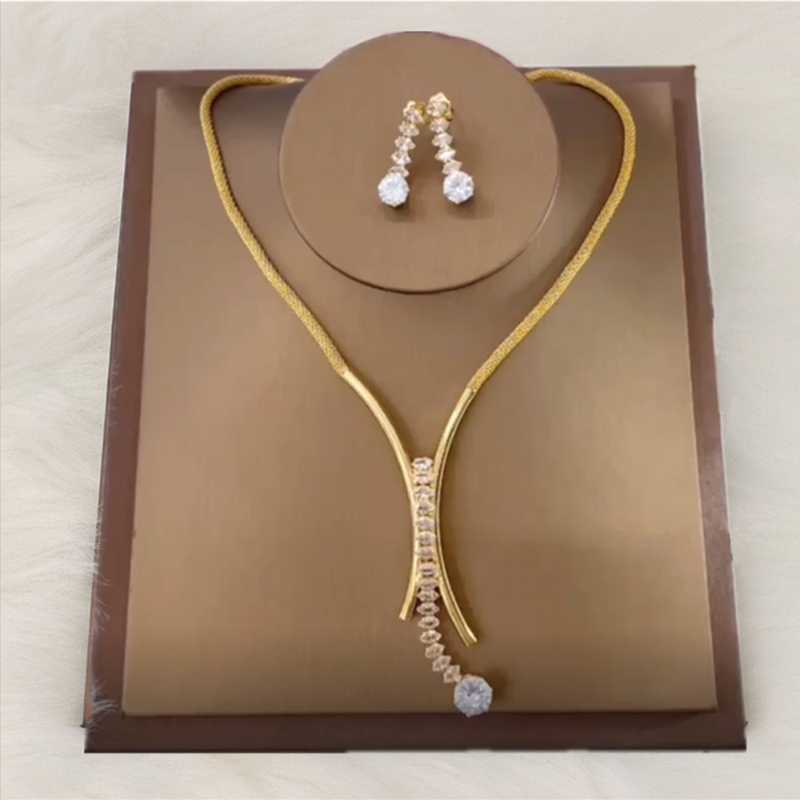 

Earrings & Necklace Gold Color Choker Set For Women Extravagant Zircon Gem Stud Clavicle Chain Jewelry Xmas Gifts, Silver
