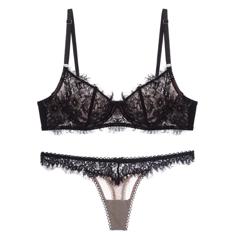 

Underwear Tulle transparent eyelashes lace edge breathable sexy bra t-pants suit, Red