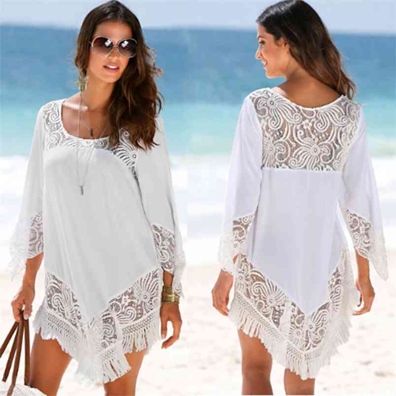 

Lace Patchwork Hollow Out Tassel Long Sleeve O-neck Summer Beach Dress Quickly-dry Black White Sexy Cover Up Swimsuit 210604