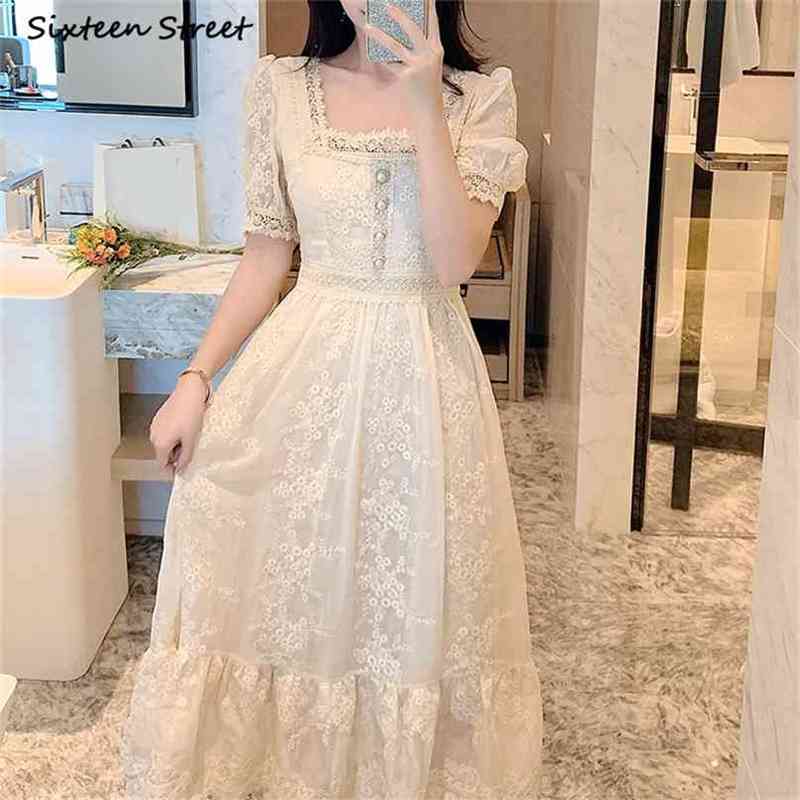 

Elegant Dress Woman Summer Lace Embroidery Square Collar High Waisted Bodycon Female Vintage Party es Clothing 210603, Maroon