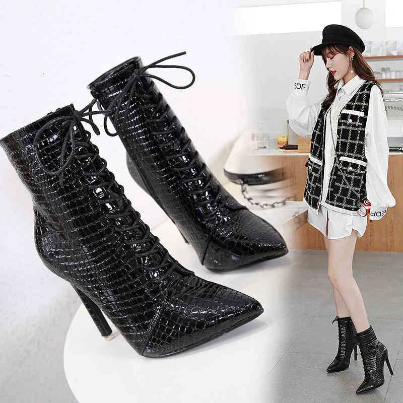 

dress shoes women's mid-tube martin boots lace-up pointed ankle fashion party nightclub model stiletto 7hs4, Black