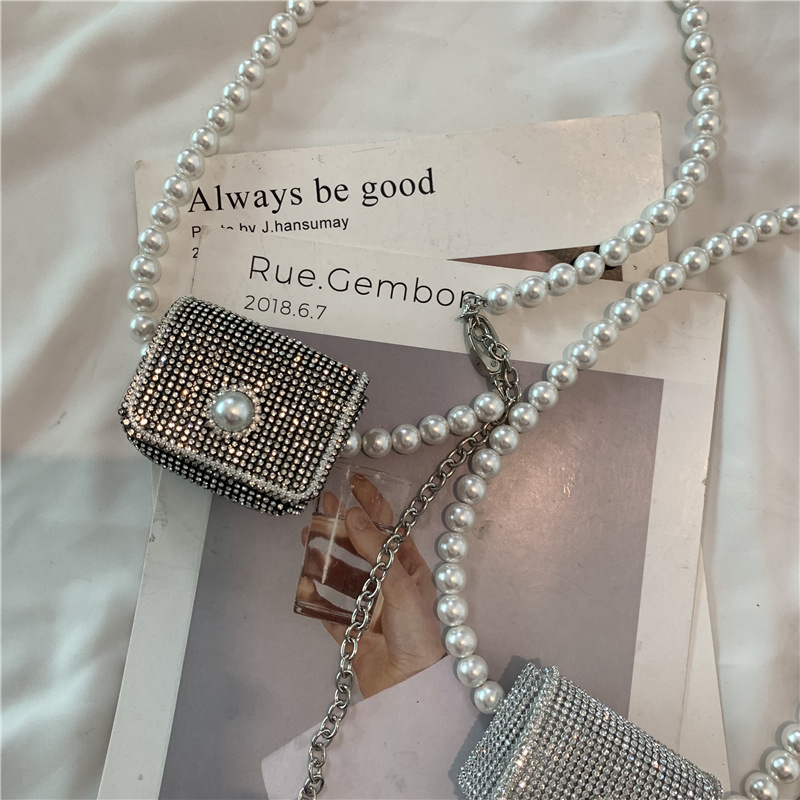 

2021 Korean Style Pearl Chain Evening Bags Women's Sparkling Rhinestones Mini CrossbodyBag Mini Shoulder Decoration, Black