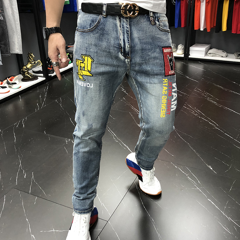 

New 2021 Spring Summer Embroidery Letter Print Slim Erkek Kot Pantolon Ny Jeans Men Pantalon Homme Jean U2o3, Light blue