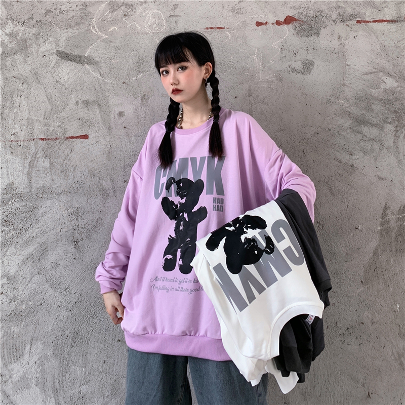

2021 New Print Bear Pullover Sweatshirt Women Lilac Oversized Hoodies Autumn Winter Casual O-neck Top Long Sleeve Harajuku Uu2m, White