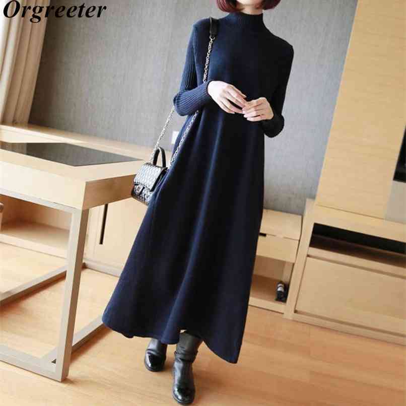 

Sale Solid Wild Mid Sweater Dress Fall Winter Half Turtleneck Long Sleeve Loose A-line Knit Inside the ride bottoming 210602, Gray