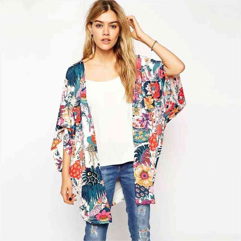 

Chiffion Boho Women Blouse Floral Print Beach Shawl Kimono Cardigan Shirts Casual Loose Half Sleeve Tops Long Blusa Clothing, White