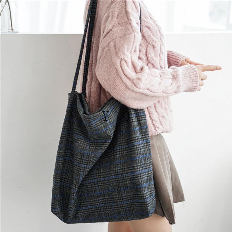 

Autumn & Winter Women Woolen Canvas Shoulder Bag Ladies Vintage Plaid Handbag Totes Female Cotton Wool Cloth Shopping Bags, New blue plaid cloth