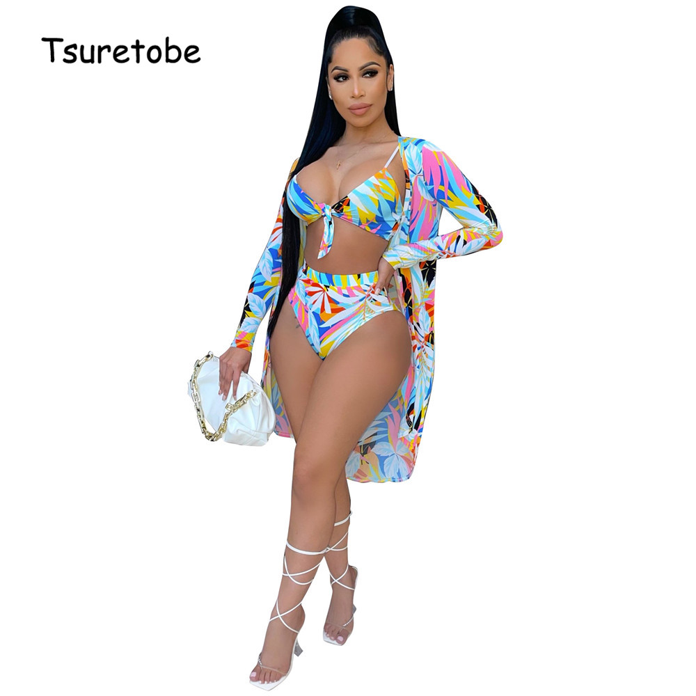 

Hipster Print Three Pieces Sets Women Long Cardigan Holiday Sexy Tops + Triangle Shorts Summer Beach Vacation Outfits, Blue