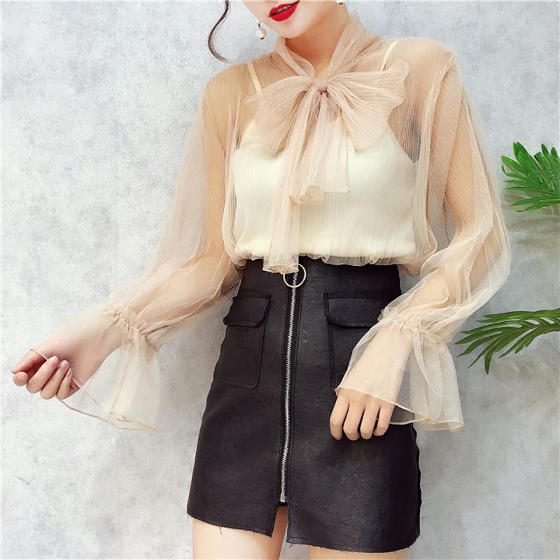 

Women' Blouses & Shirts Women Vintage Sexy Transparent Bow Tied Collar Casual Black Organza Blouse Shirt Business Feminina Blusas Chic Tops, Beige