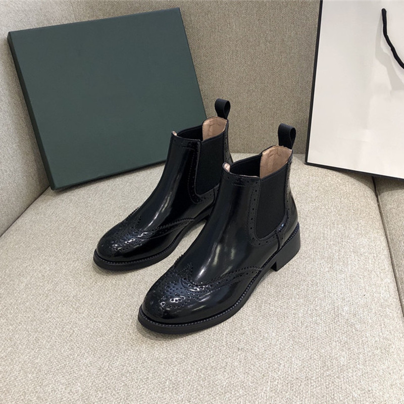 

Chelsea Short Boots Women 2021 Single Boot Ins MartinBoots 100% Cowhide Carved British Style Thick Heel Womens shoes 35-40, Sequins