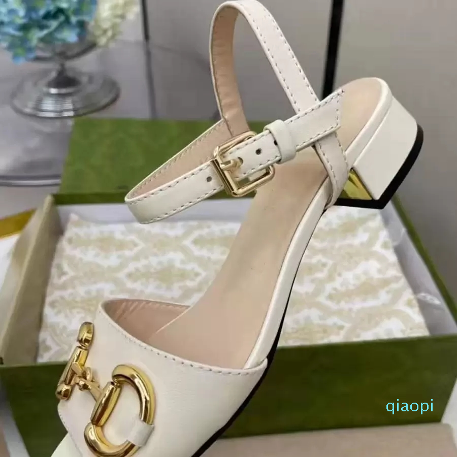 

Designer-2022 Women Leather Horsebit Sandal Open-toed Outdoor Designer Lady Ankle Strap Buckle Low Heel Rubber Sole Sandals, White