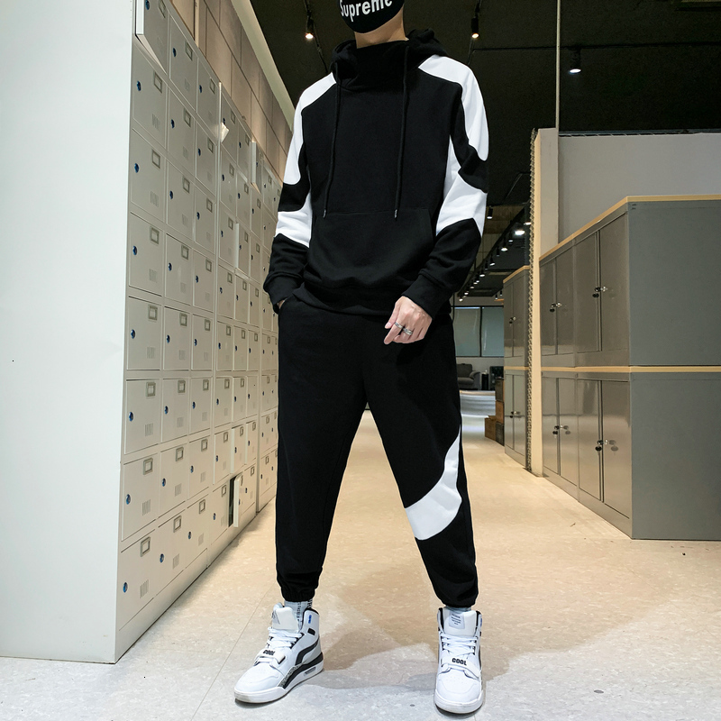 

2021 New Patchwork Men's Sportswear Sets Autumn Spring Hoodies Casual Tracksuit Sweatshirt + Sweatpants Track Suit Z0WX, Black