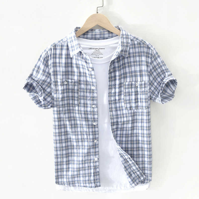 G205 Men Summer Short Sleeve Cotton Plaided Shirts For Men Japan Business Casual Minimalist Style Thin Breathable Slim Fit Top 210708