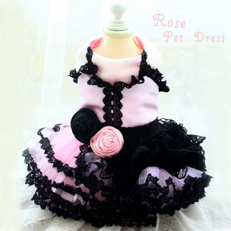 

Handmade Dog Apparel Dress Pet Clothes Ball Gown Tutu Vintage Carmen Rose Silky Satin Lace Tulle Bubble Skirt Holiday Party Wedding, Pink