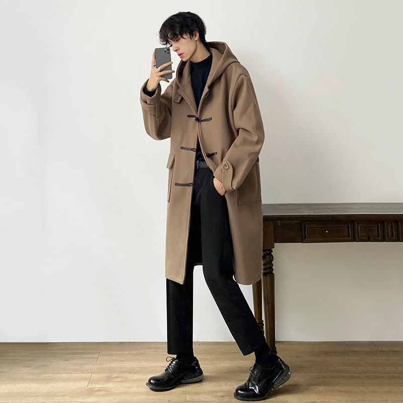 

2021 New Style Long Men's Fashion Casual Hooded Men Winter Oversize Woolen Coat Mens Overcoat -2xl 1k7x, Black
