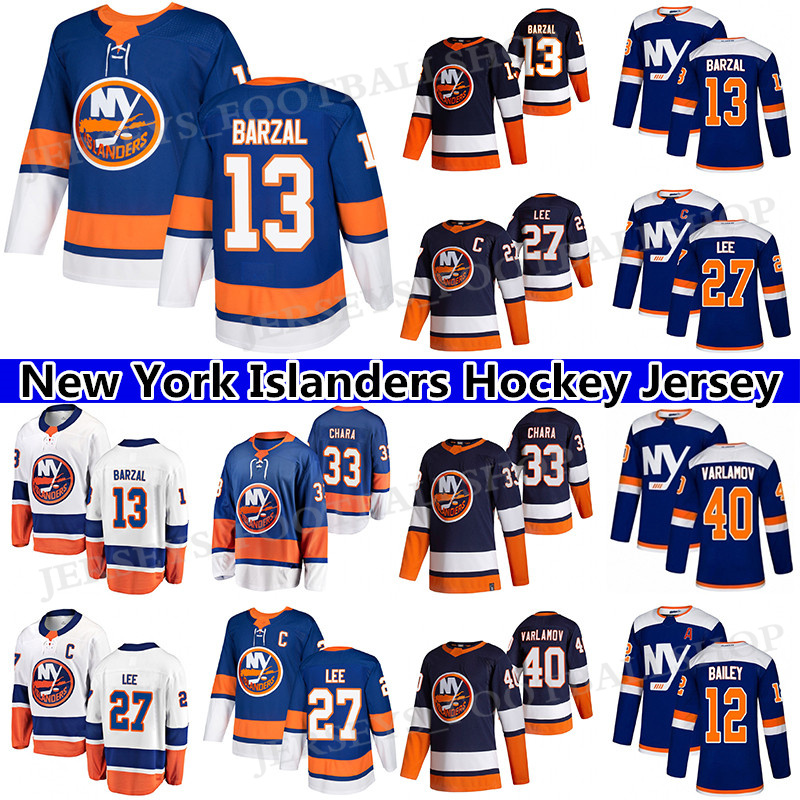 

New York Islanders Jersey 13 Mathew Barzal 27 Anders Lee 33 Zdeno Chara 11 Zach Parise 40 Semyon Varlamov hockey jerseys, Blue