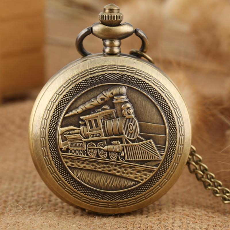 

Pocket Watches Antique Retro Locomotive Train Pattern Quartz Watch Bronze Steampunk Necklace Pendant Chain Art Collectible Unisex Gifts