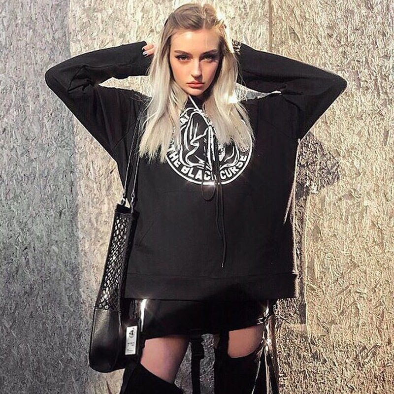 

hoodies t shirt 92405p gothic punk long sleeve hooded women's dark black death skull bf girls' harajuku loose top