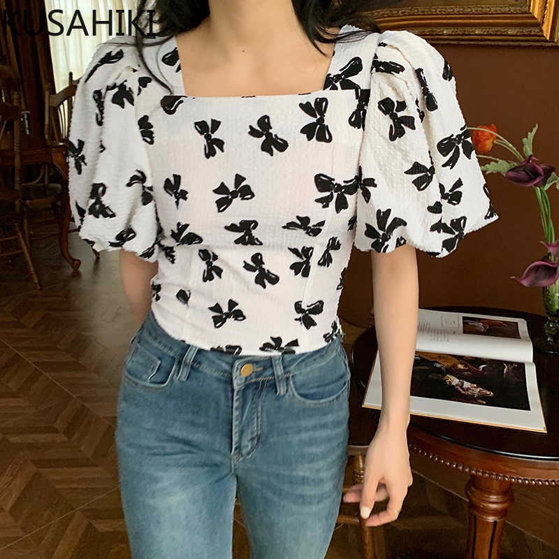 

KUSAHIKI Korean Bowknot Printed Women Blouse Shirt Elegant Square Collar Puff Sleeve Tops Summer Slim Short Blusas Mujer 6H727 210602, Black