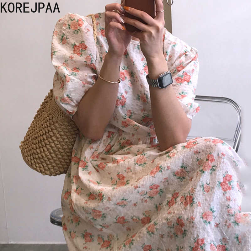 

Korejpaa Women Dress Korean Chic Summer French Romantic Elegant O-Neck Floral Design Loose Bubbly Bubble Sleeve Vestido 210526, Photo color