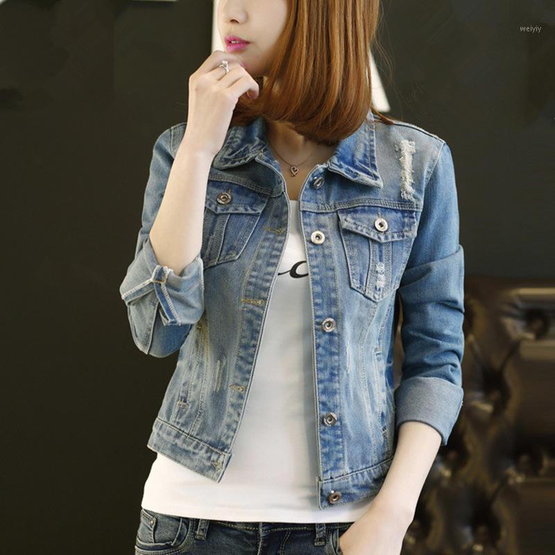 

Women' Jackets 5XL 6XL Plus Size Short Denim Jacket Women Autumn Vintage Long Sleeve Hole Ripped Jean Slim Casual Coat C6482, 1968 light blue coat