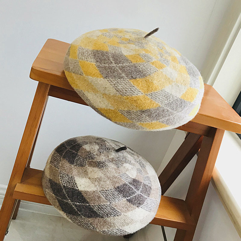 

2021 New Fashion Warm Soft Wool Plaid Beret Hats Women Winter Ladies Female French Berets Retro Painter Hat Digx, Yellow