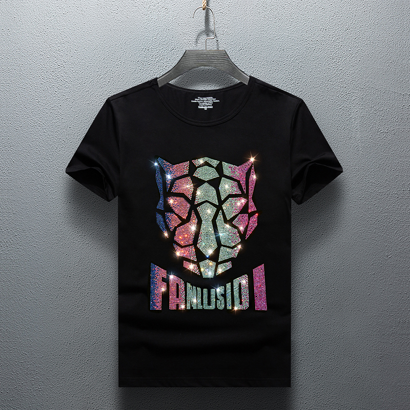 

2021 New Summer 'en Hot Short Sleeve Social Spirit Boy Plus-size -7xl Rhinestones T-shirt Fashionable Diamond Tops D4c7, Beige