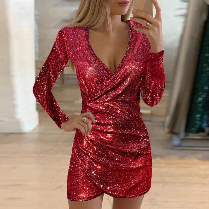 

Casual Dresses Sequins Sexy Dress Women Long Sleeve Self Cultivation Slim Elegant Ladies Party Sukienki Damskie Bag Hip Woman, Black;gray