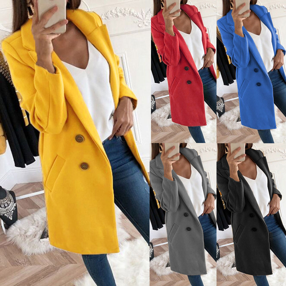 

Big Winter Size New Solid Lapel in the Long Section Button Thin Multi-color Female Wool Coat Yp6x