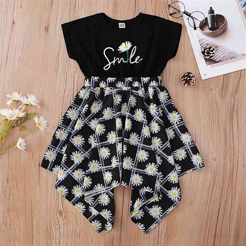 

Summer Girls Dress Short Sleeve O Neck Print Floral Cute Vestidos 1-8T 210629, Black