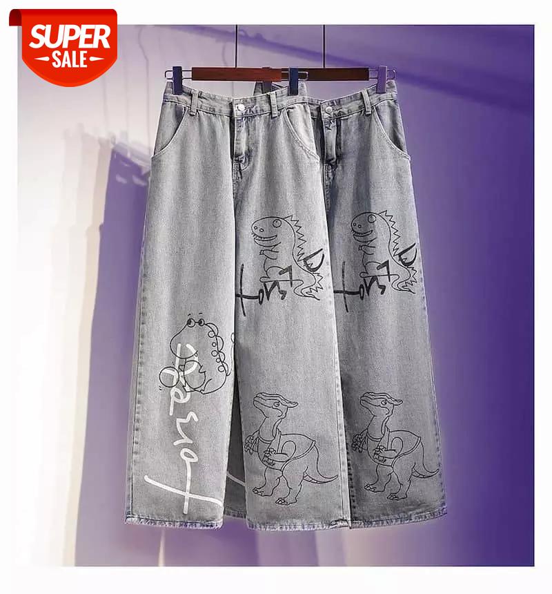 

Spring Woman Pants New Cartoon Jeans for Men and Women Sesame Street Graffiti Bf Loose Korean Ins Tide Wide-leg Large Size #i39m, Black;white