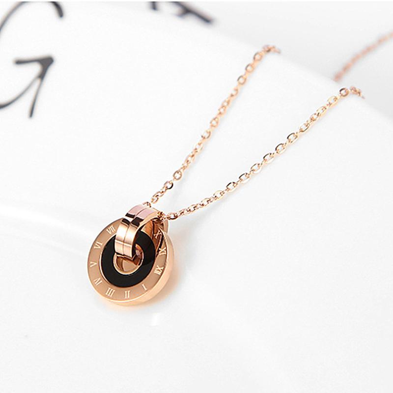 

Charms Vintage Lettering Double Ring Necklace Female Rose Gold Clavicle Chain Atmosphere Fashion Jewelry, Bronze;silver